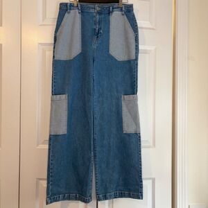 ON 34th Women Medium Wash Patchwork Wide Leg Cargo Jeans Size 14/32